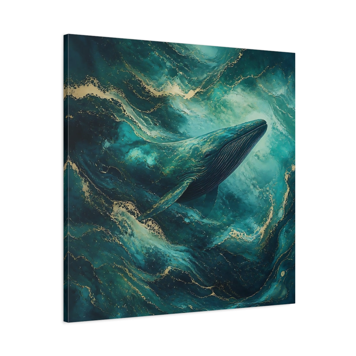Main Mockup. Animals Whale Teal Gold Whale shown as stretched canvas wall art