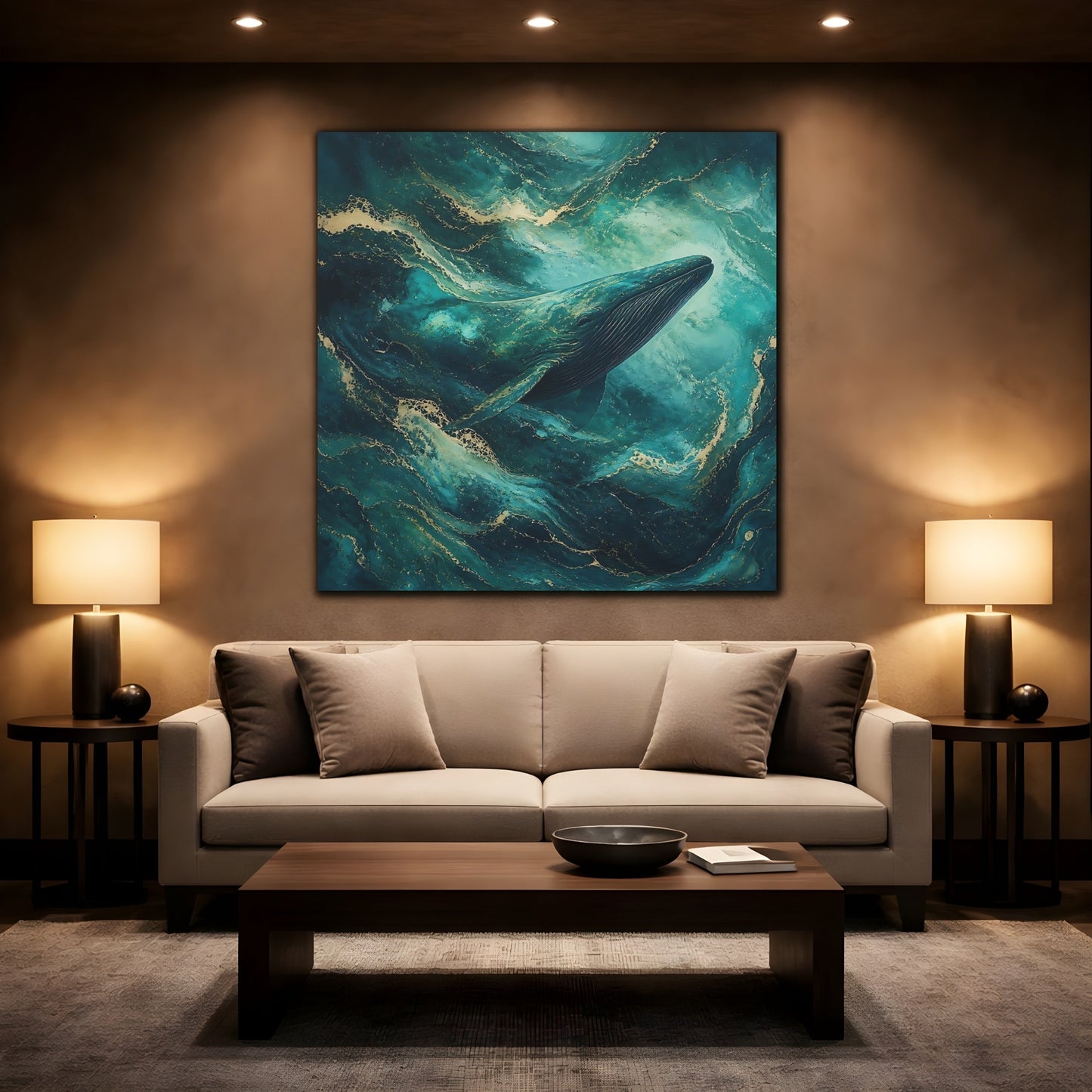 Mockup 2. Animals Whale Teal Gold Whale shown as stretched canvas wall art