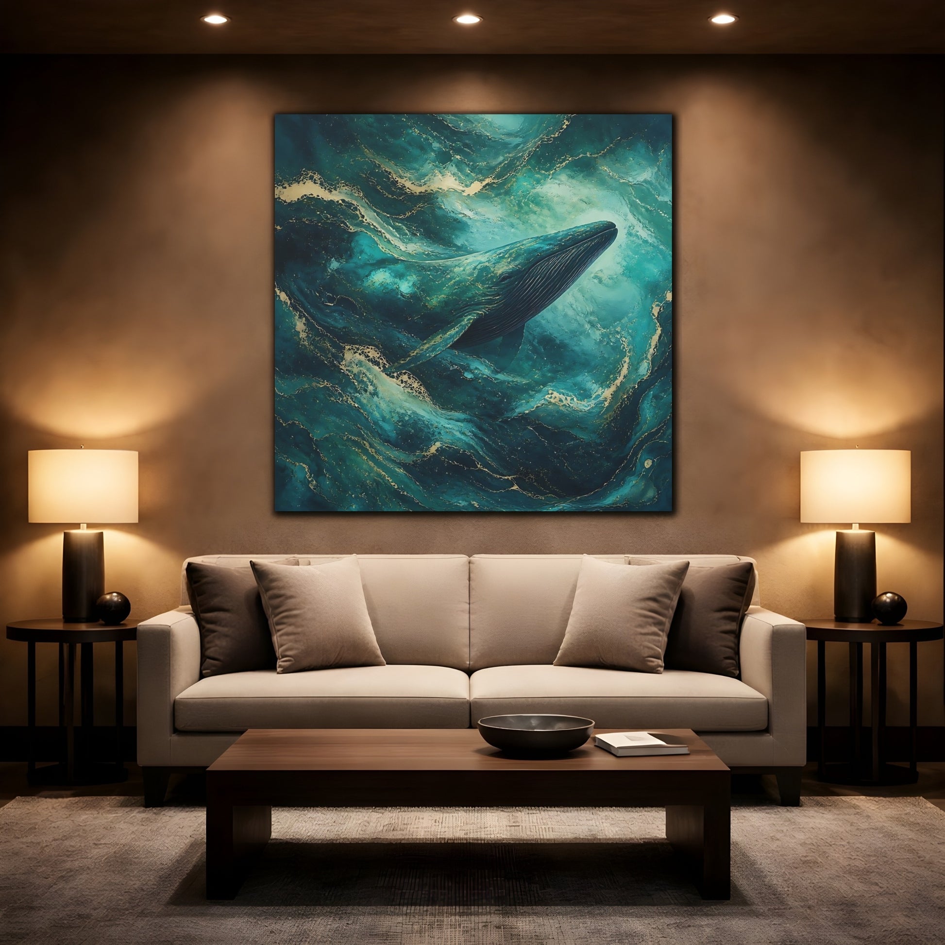 Mockup 2. Animals Whale Teal Gold Whale shown as stretched canvas wall art