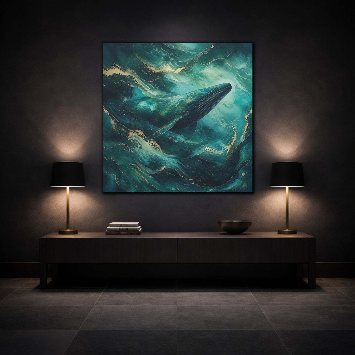 Mockup 3. Animals Whale Teal Gold Whale shown as stretched canvas wall art