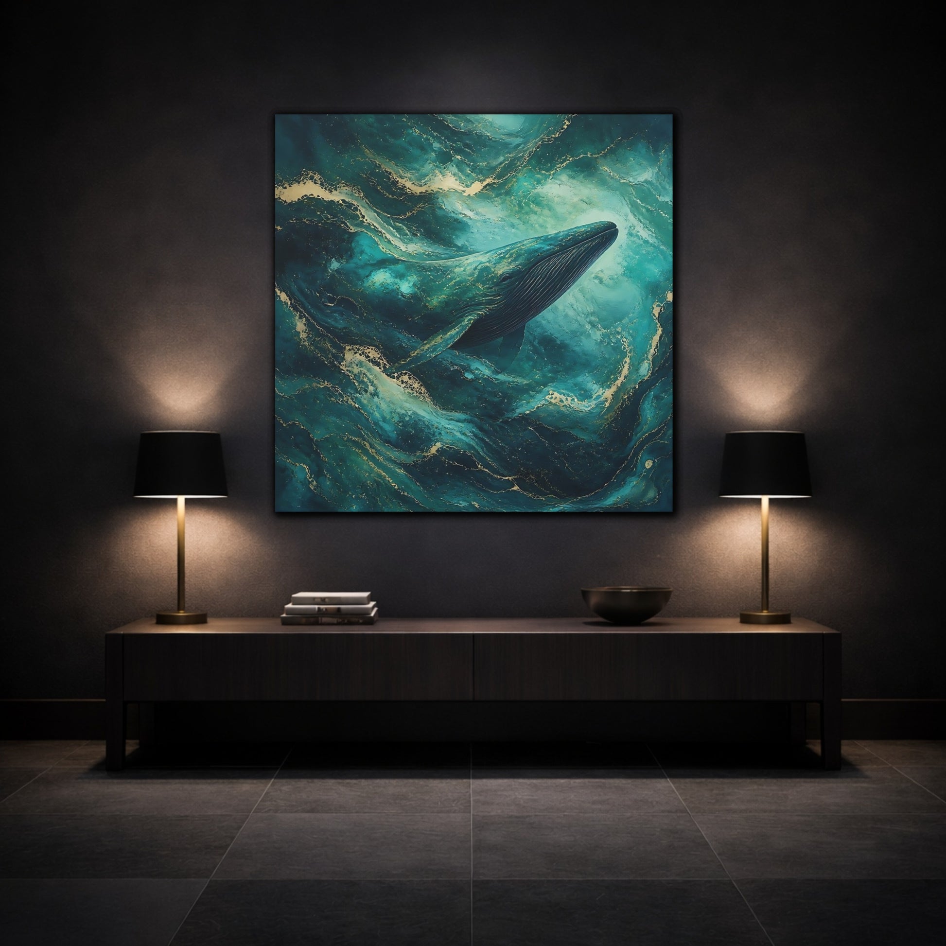 Mockup 3. Animals Whale Teal Gold Whale shown as stretched canvas wall art