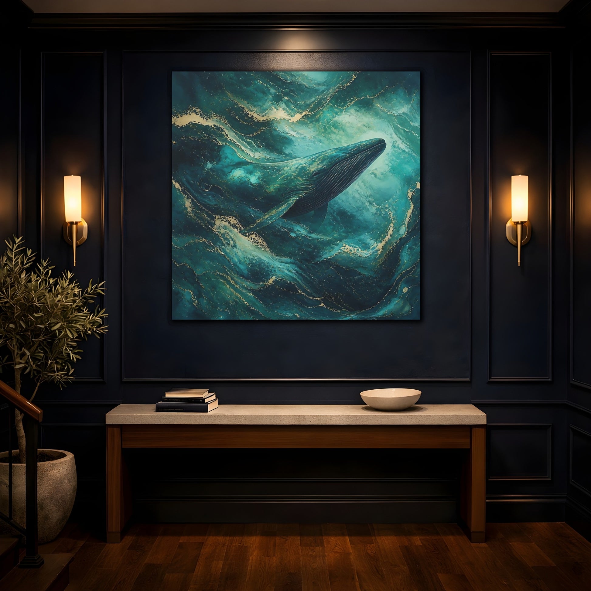 Mockup 4. Animals Whale Teal Gold Whale shown as stretched canvas wall art