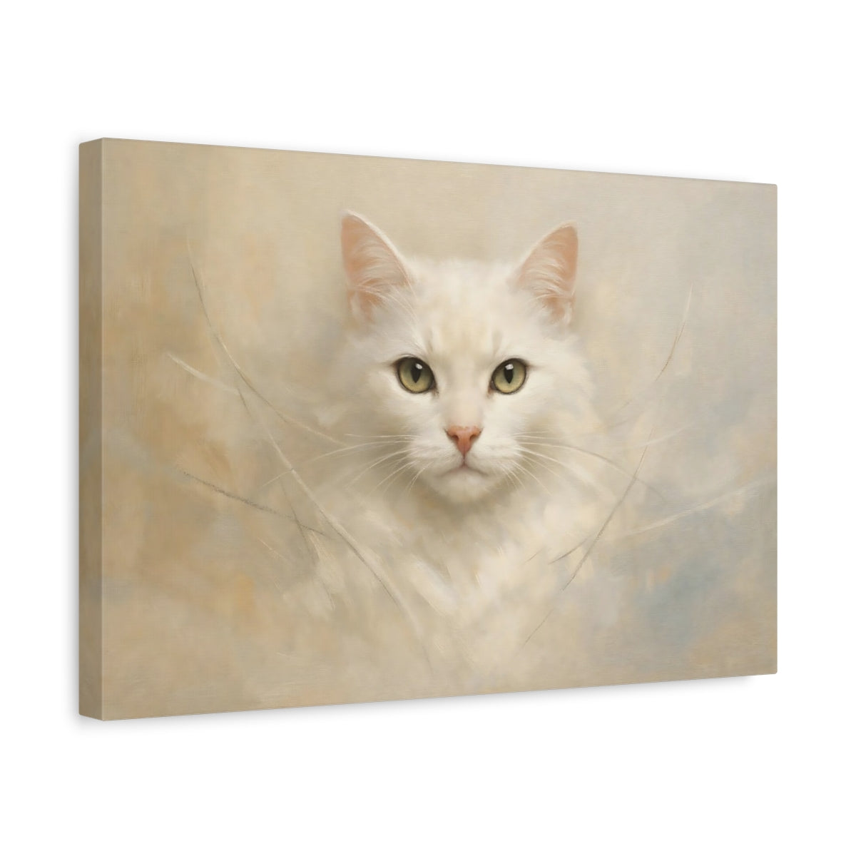 Side Mockup 4. Animals White Cat White Cat Portrait shown as stretched canvas wall art