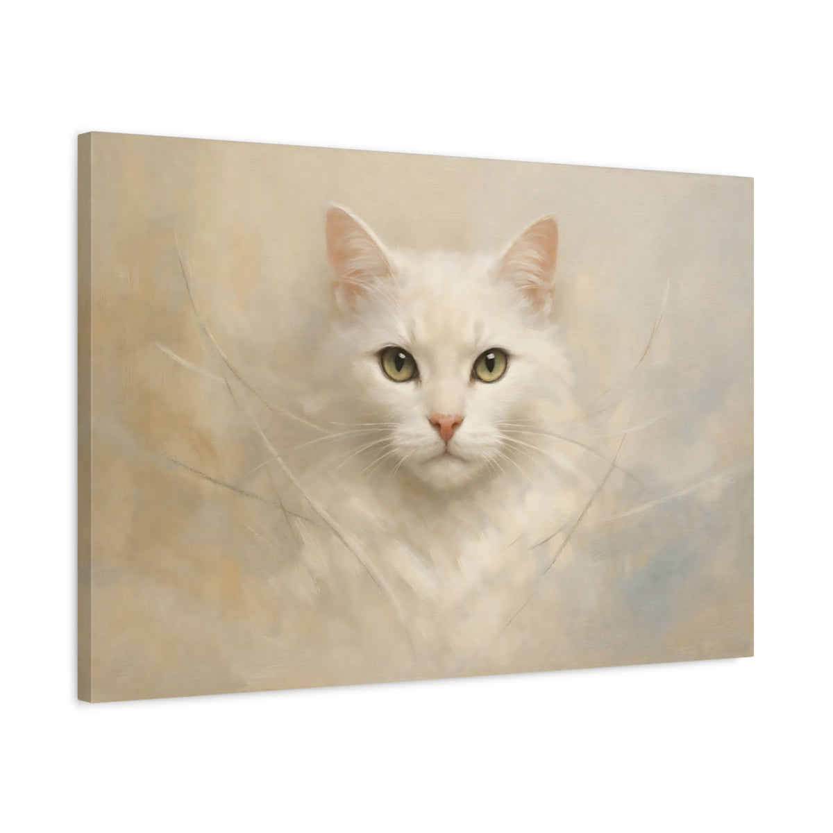 Side Mockup 2. Animals White Cat White Cat Portrait shown as stretched canvas wall art