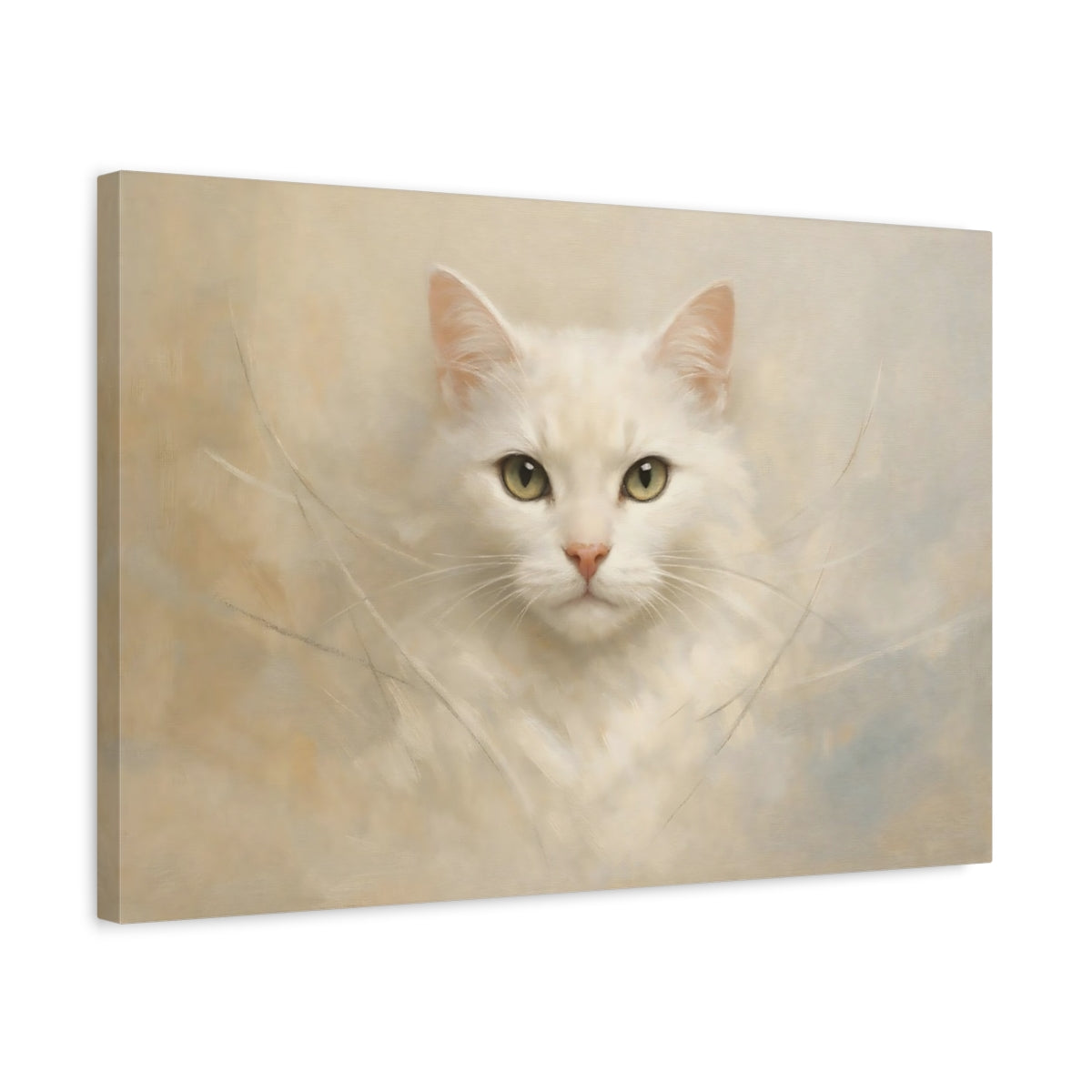 Side Mockup 3. Animals White Cat White Cat Portrait shown as stretched canvas wall art