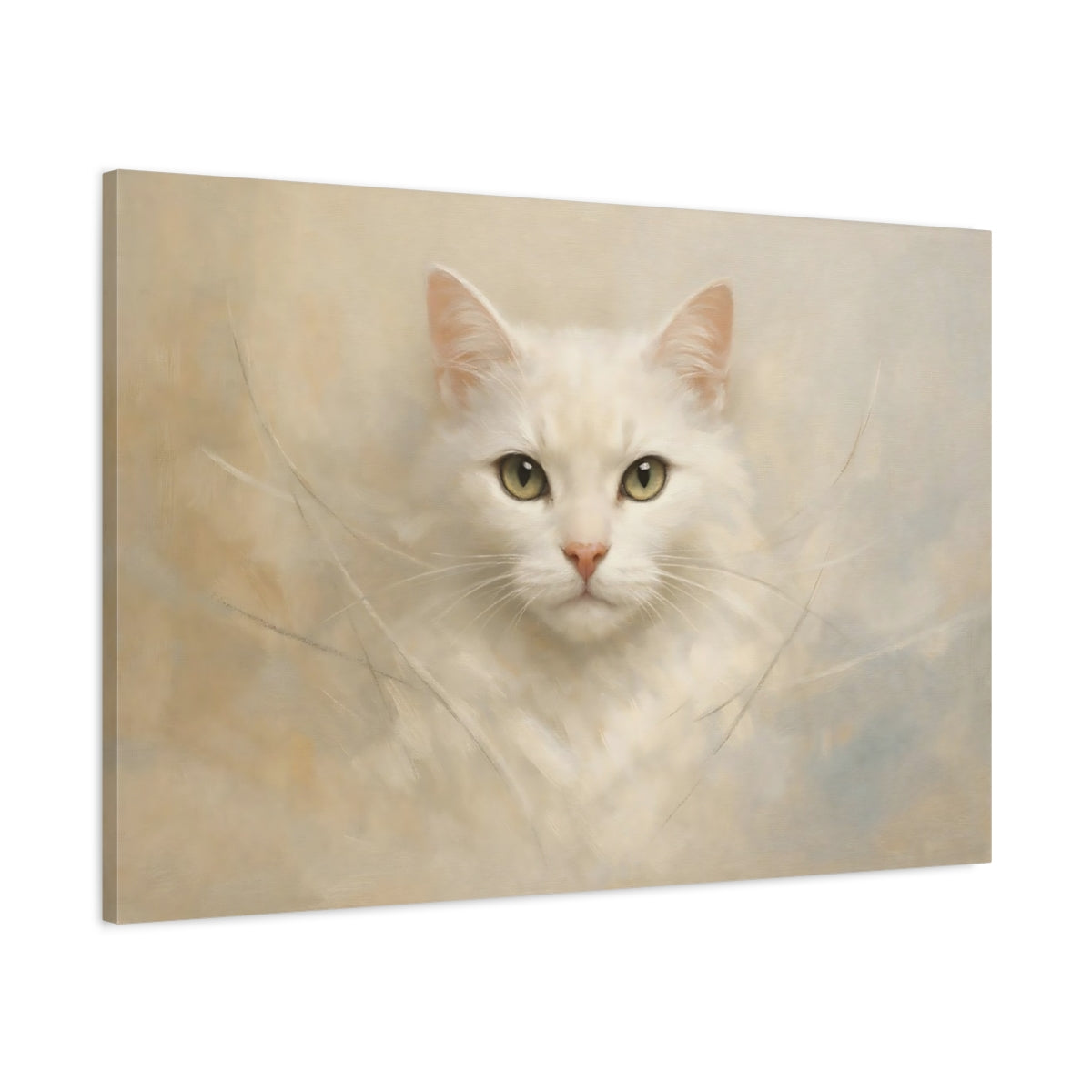 Side Mockup 1. Animals White Cat White Cat Portrait shown as stretched canvas wall art