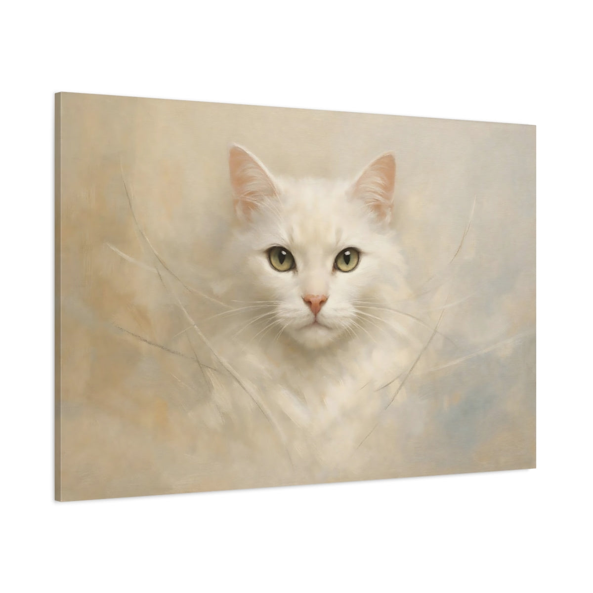 Main Mockup. Animals White Cat White Cat Portrait shown as stretched canvas wall art