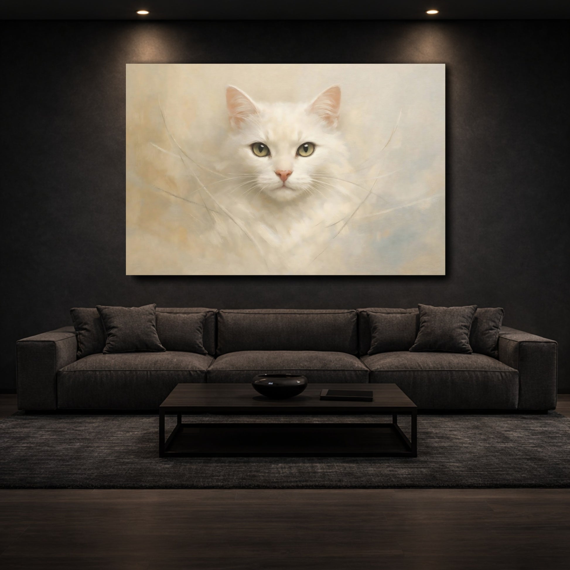 Mockup 2. Animals White Cat White Cat Portrait shown as stretched canvas wall art