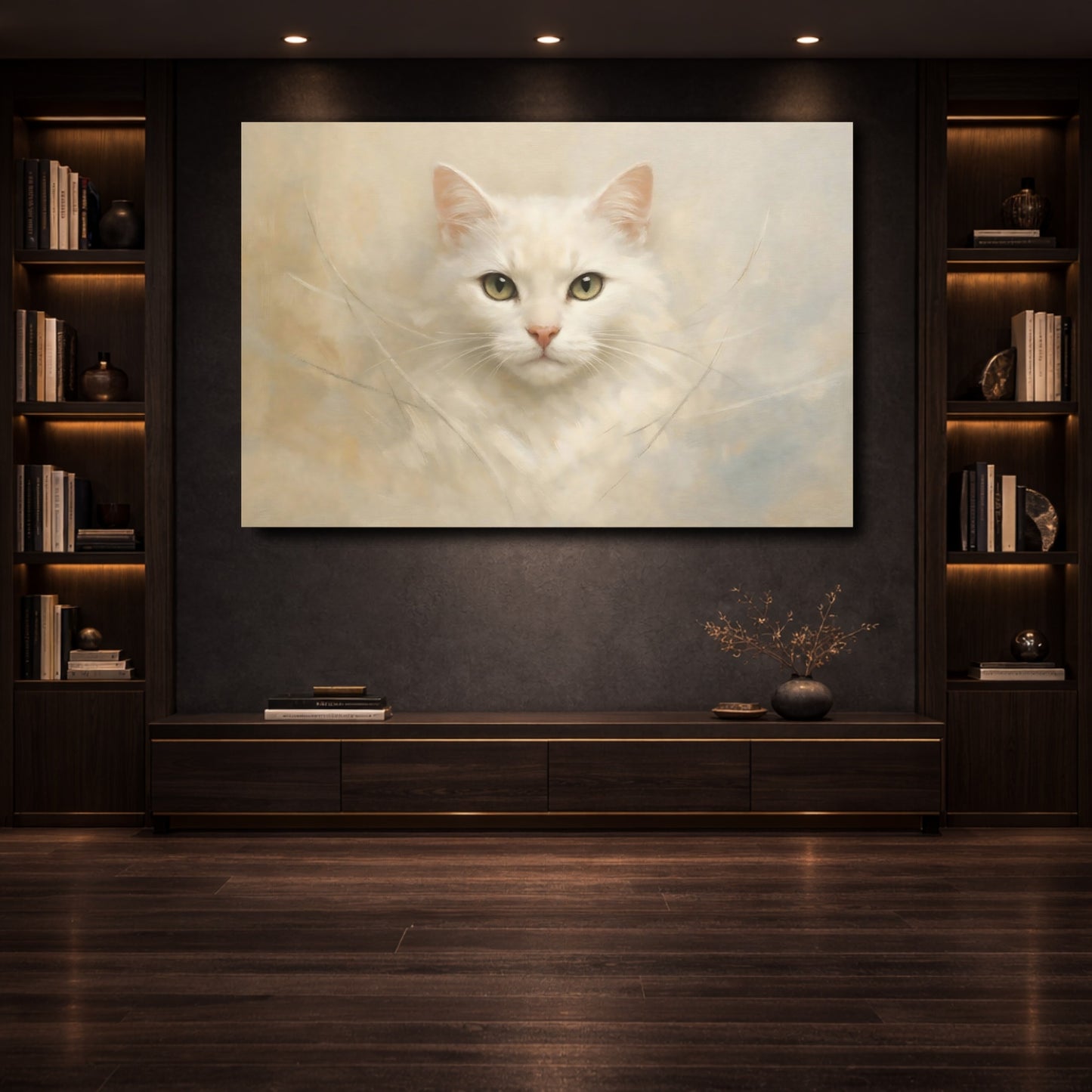 Mockup 3. Animals White Cat White Cat Portrait shown as stretched canvas wall art