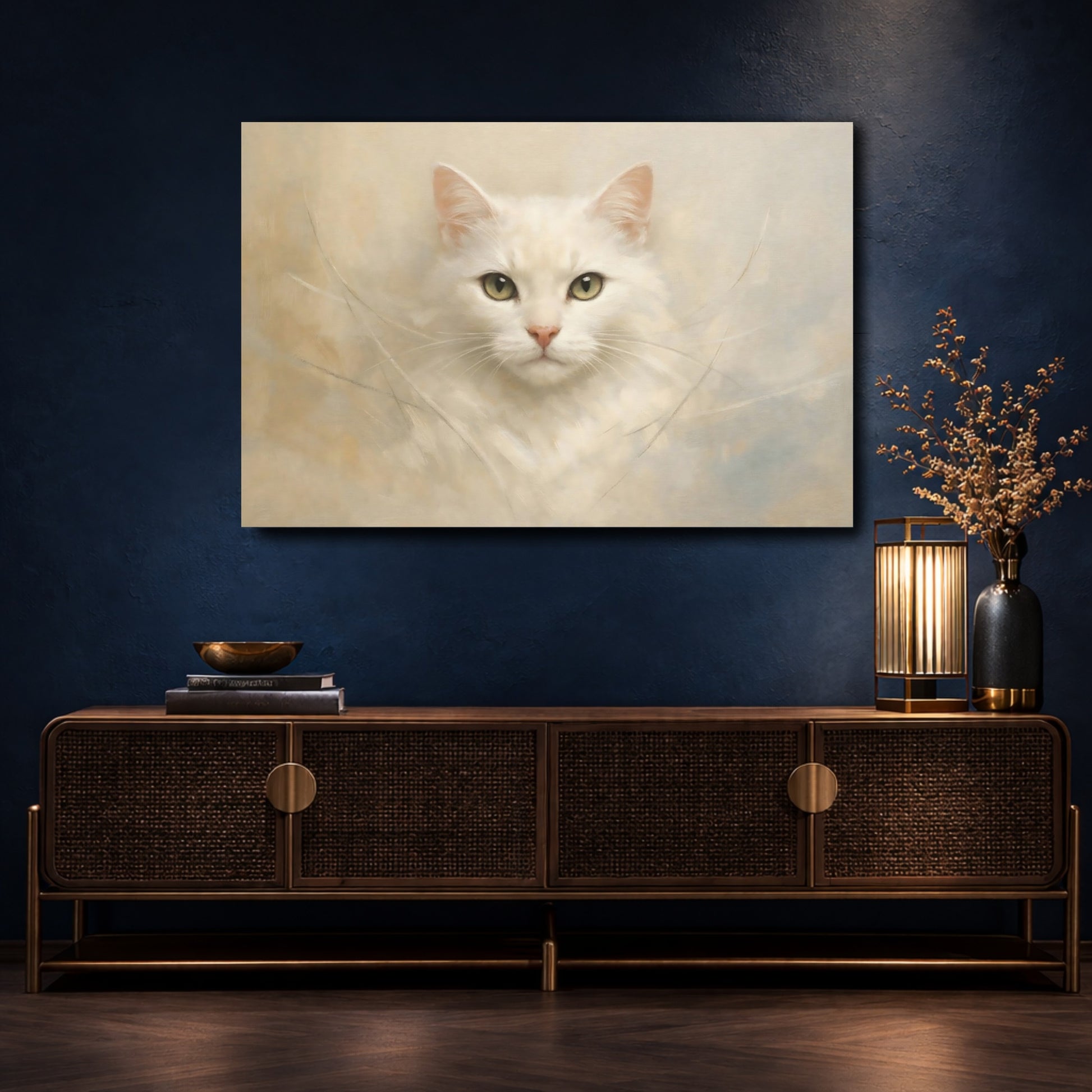 Mockup 4. Animals White Cat White Cat Portrait shown as stretched canvas wall art