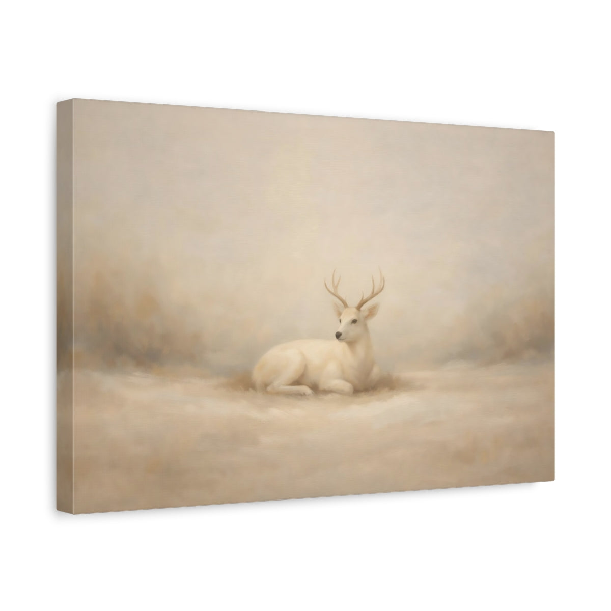 Side Mockup 4. Animals White Deer Beige And White shown as stretched canvas wall art