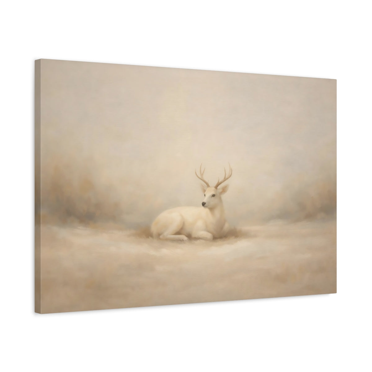 Side Mockup 2. Animals White Deer Beige And White shown as stretched canvas wall art