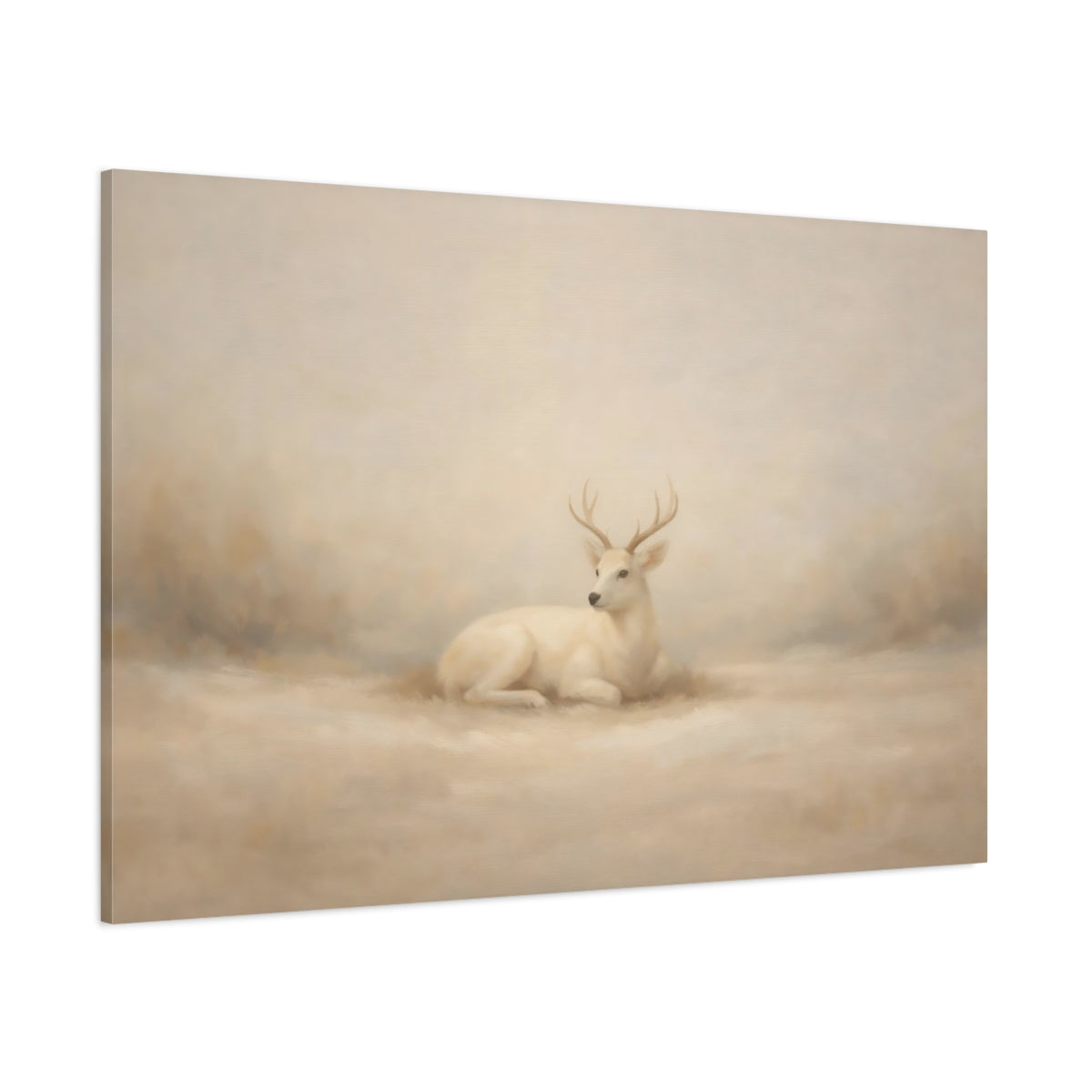 Main Mockup. Animals White Deer Beige And White shown as stretched canvas wall art