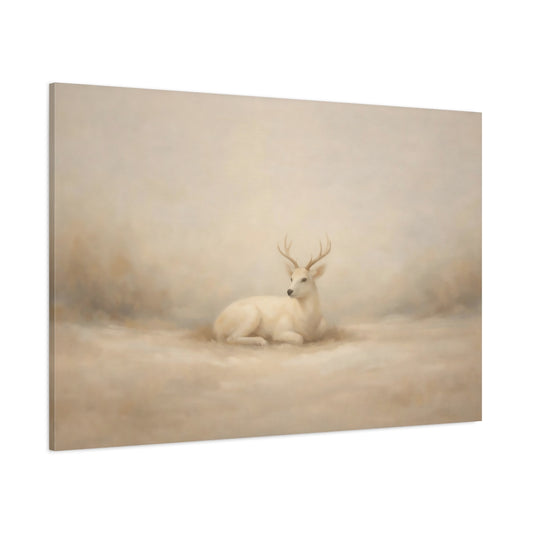 Main Mockup. Animals White Deer Beige And White shown as stretched canvas wall art
