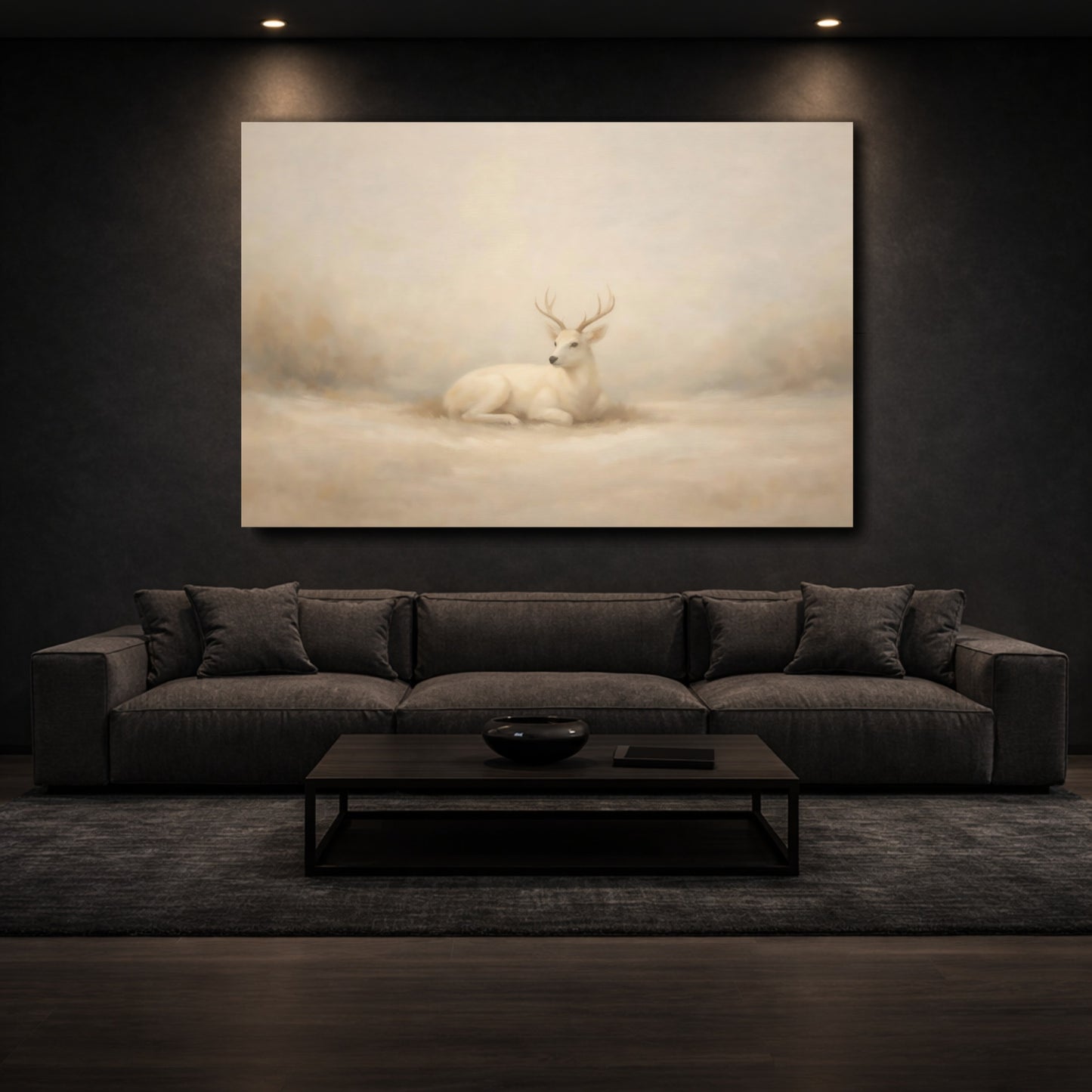 Mockup 2. Animals White Deer Beige And White shown as stretched canvas wall art