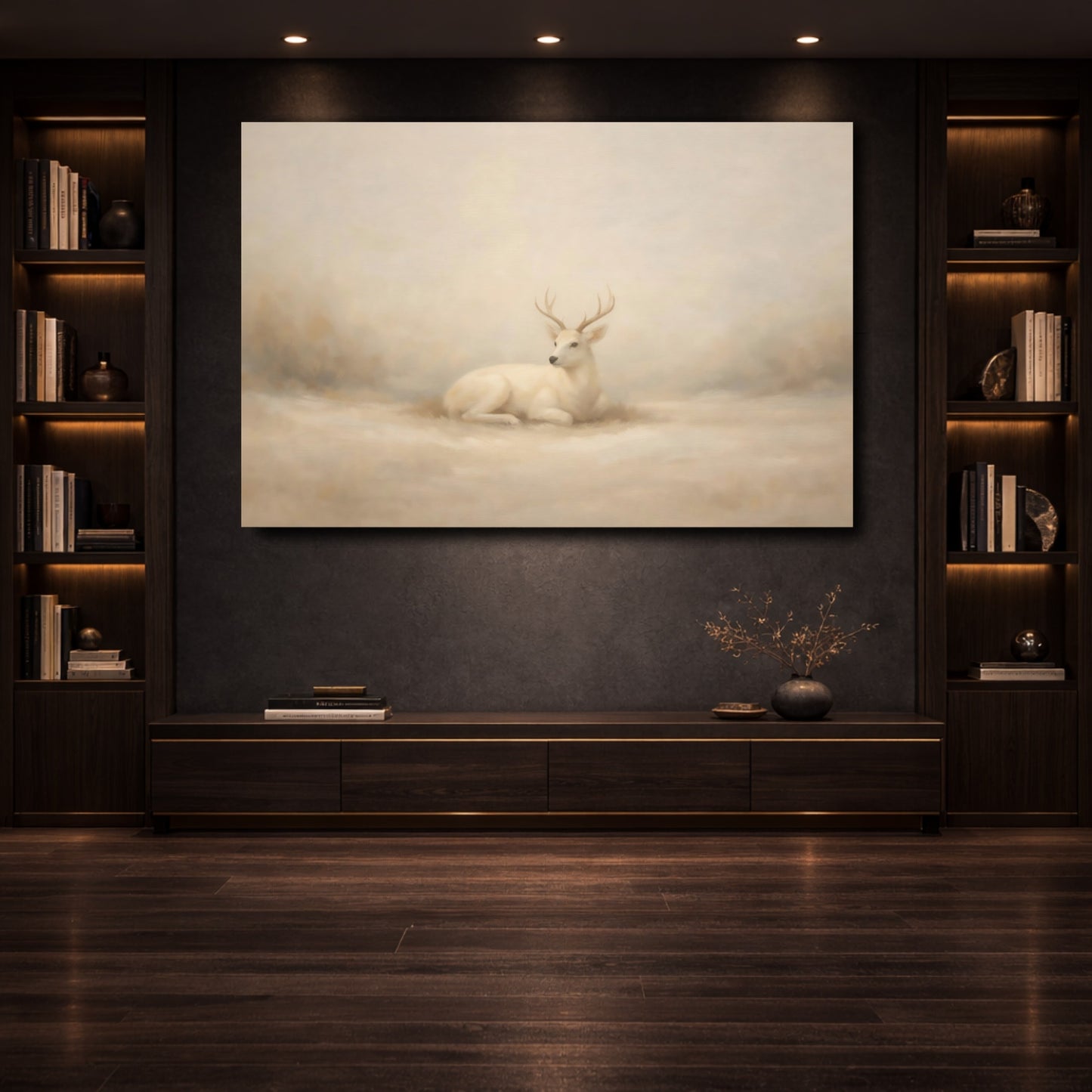 Mockup 3. Animals White Deer Beige And White shown as stretched canvas wall art