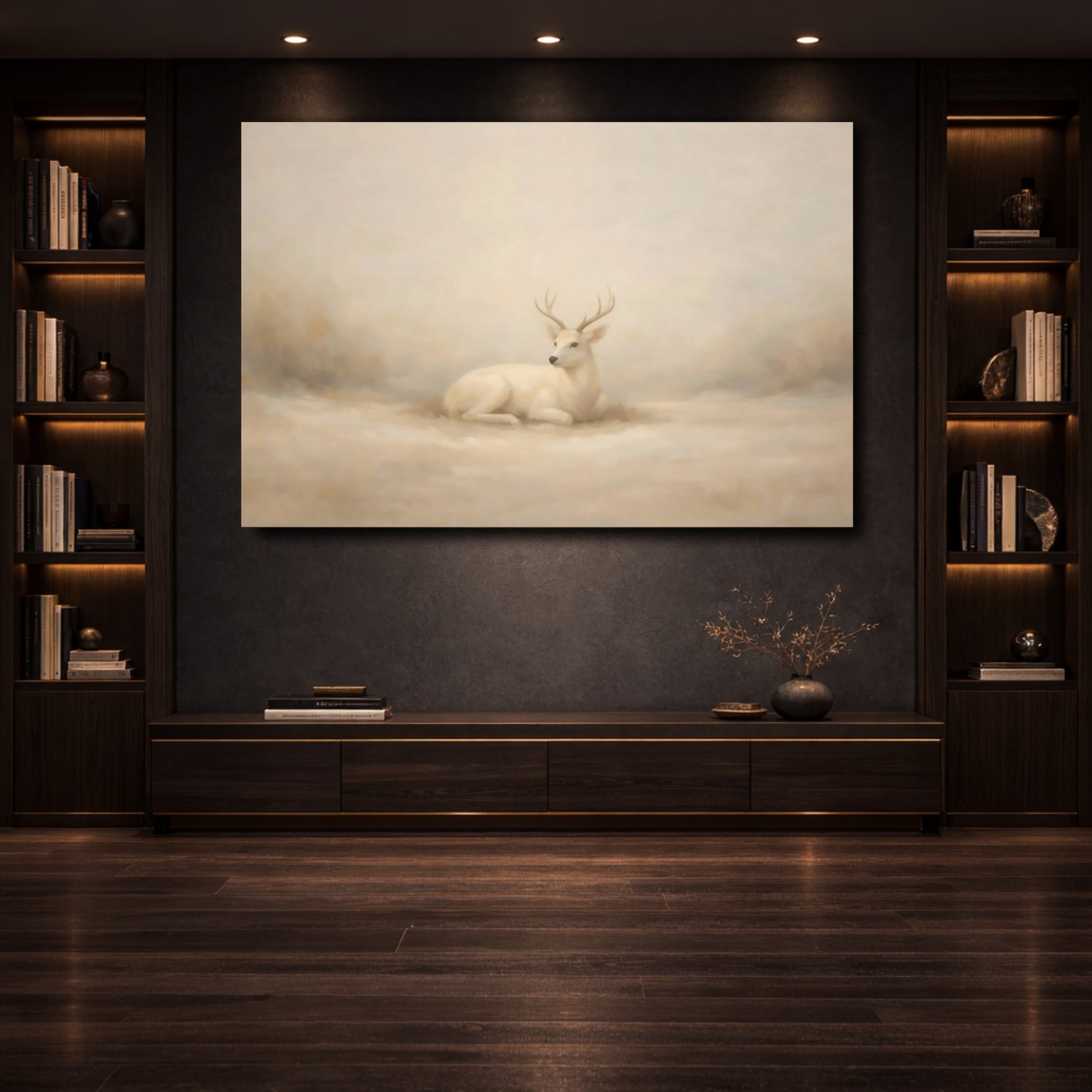 Mockup 3. Animals White Deer Beige And White shown as stretched canvas wall art
