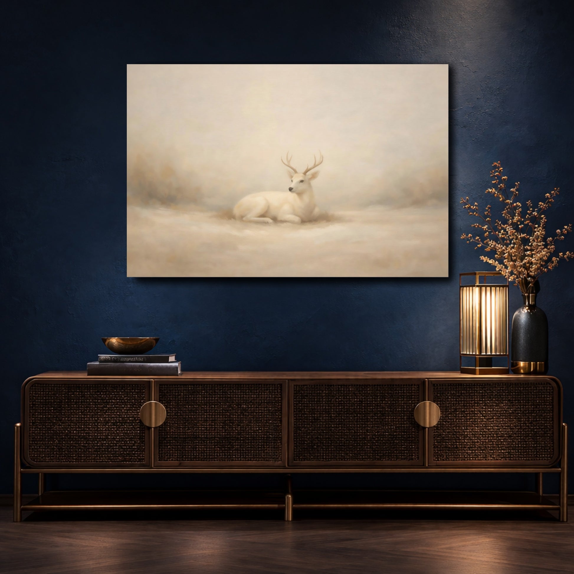 Mockup 4. Animals White Deer Beige And White shown as stretched canvas wall art