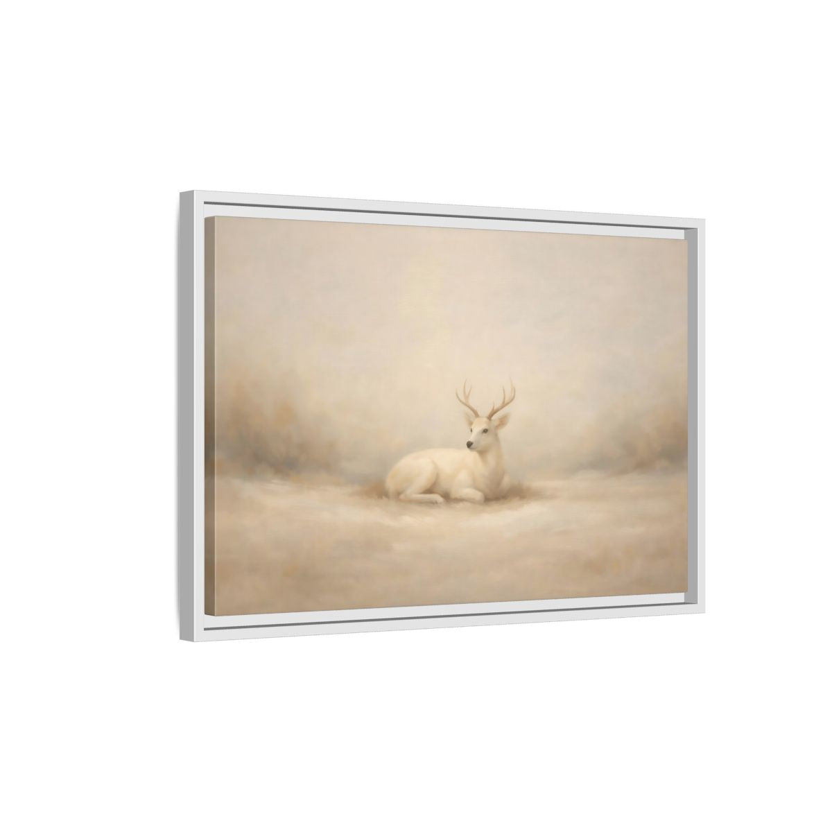 Side Mockup 1. Animals White Deer White Deer shown as stretched canvas wall art