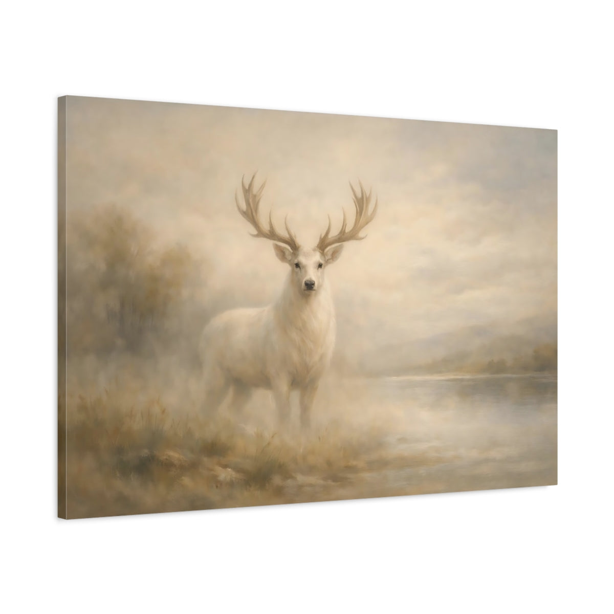 Side Mockup 1. Animals White Deer White Deer Painting shown as stretched canvas wall art