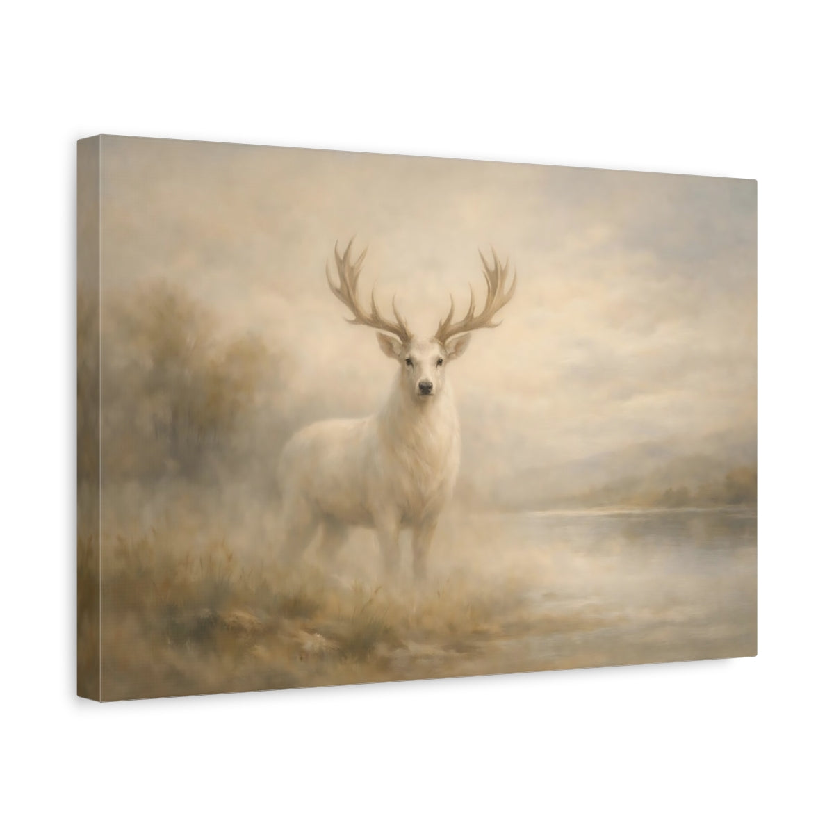 Side Mockup 4. Animals White Deer White Deer Painting shown as stretched canvas wall art