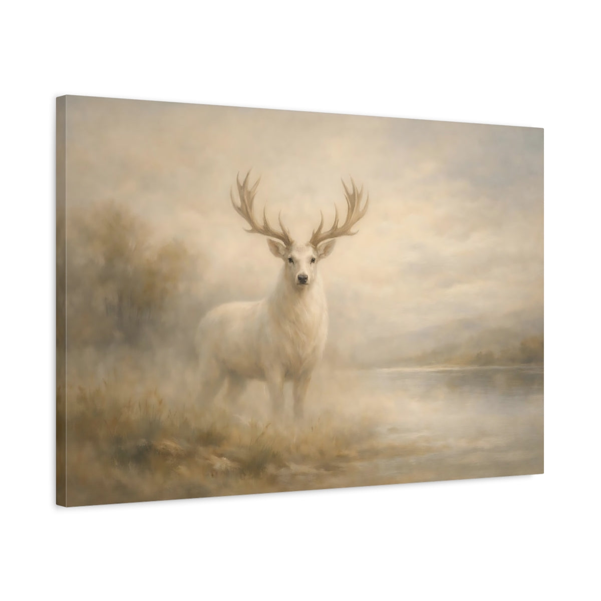 Side Mockup 2. Animals White Deer White Deer Painting shown as stretched canvas wall art