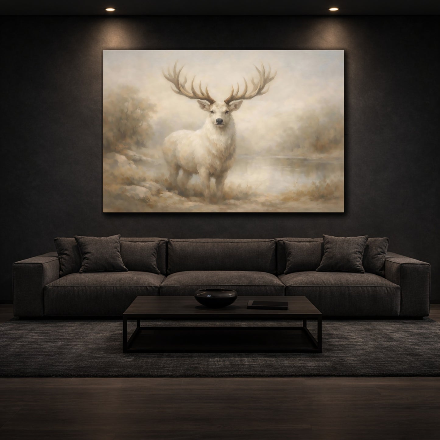 Mockup 2. Animals White Deer White Deer Art shown as stretched canvas wall art
