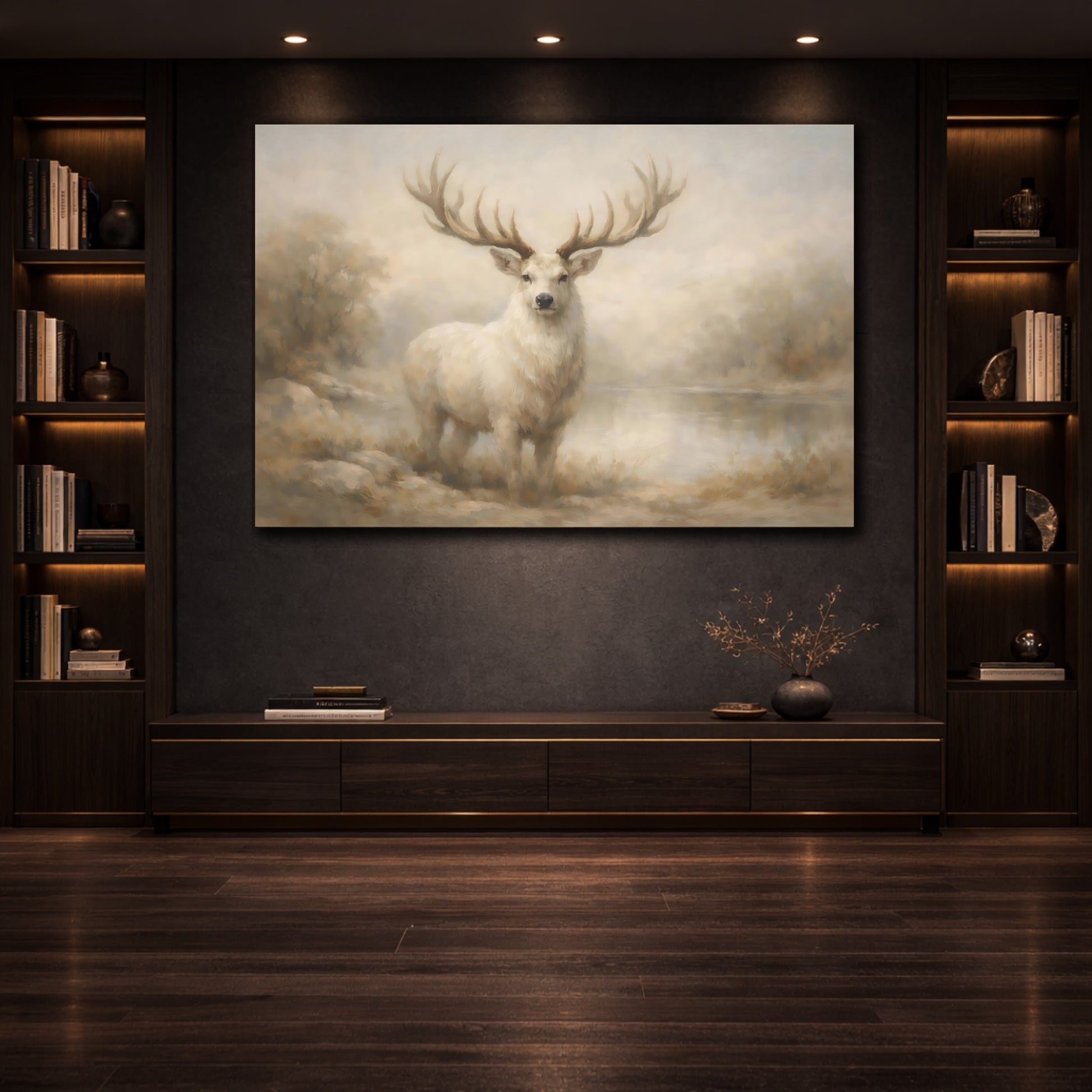 Mockup 3. Animals White Deer White Deer Art shown as stretched canvas wall art