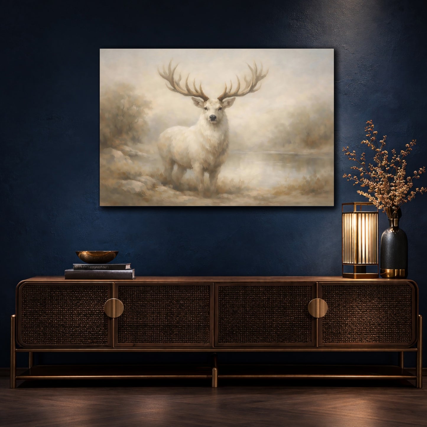 Mockup 4. Animals White Deer White Deer Art shown as stretched canvas wall art