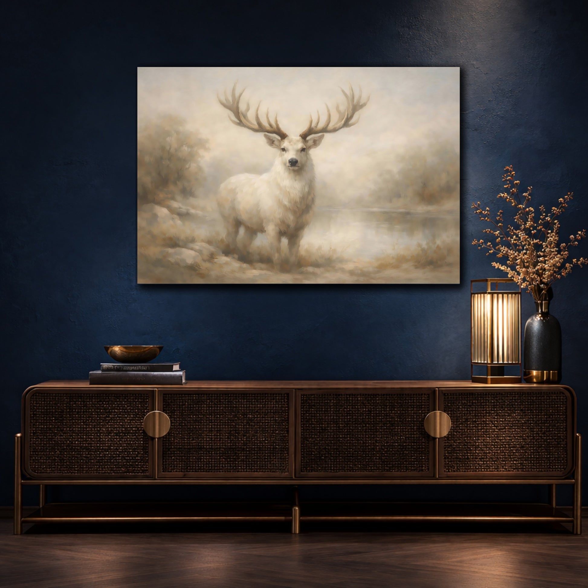 Mockup 4. Animals White Deer White Deer Art shown as stretched canvas wall art
