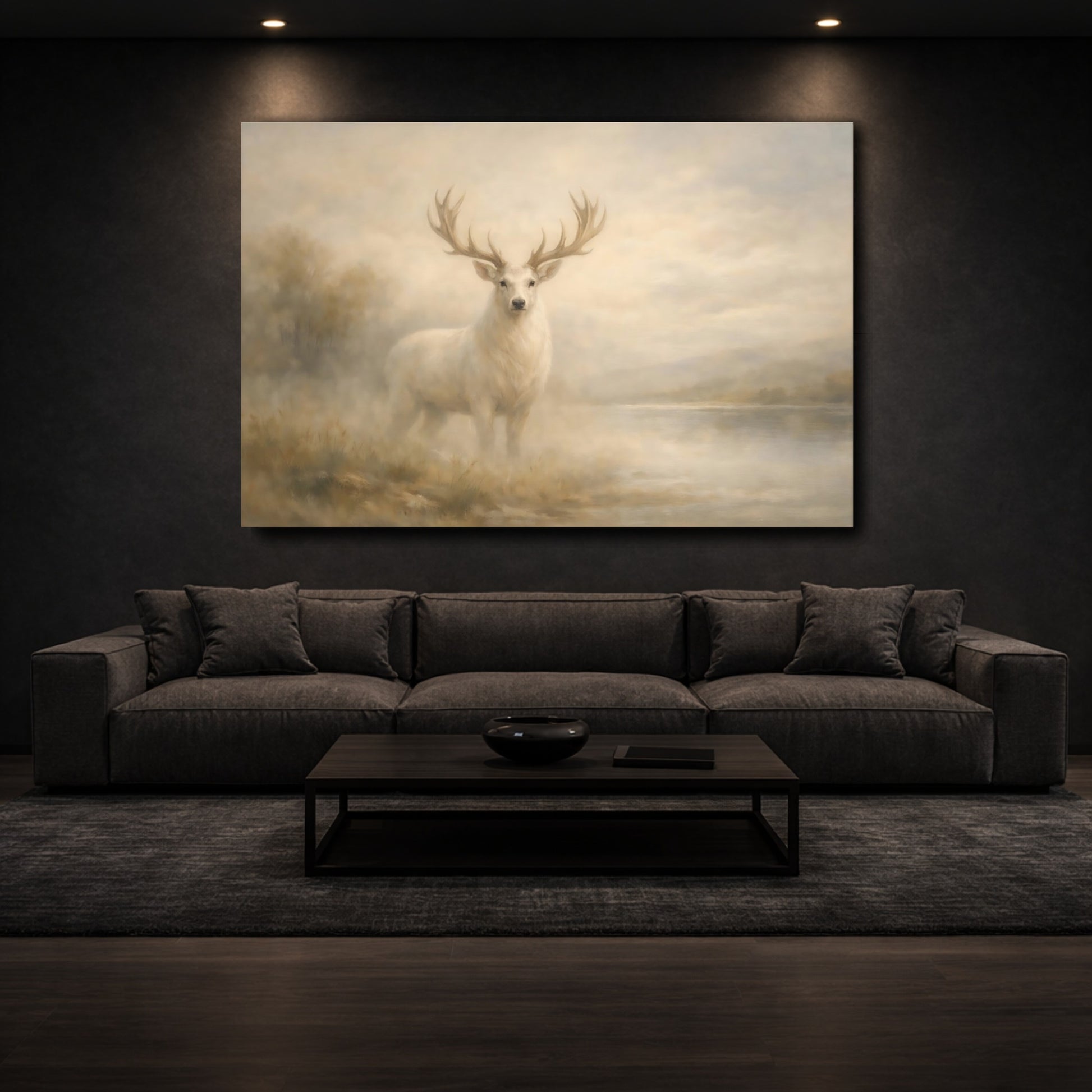 Mockup 2. Animals White Deer White Deer Painting shown as stretched canvas wall art