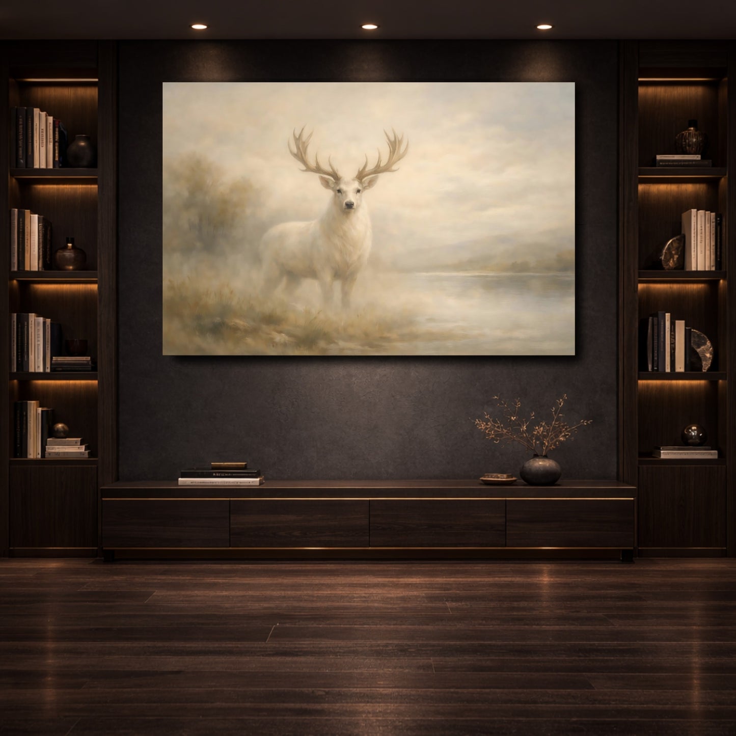 Mockup 3. Animals White Deer White Deer Painting shown as stretched canvas wall art