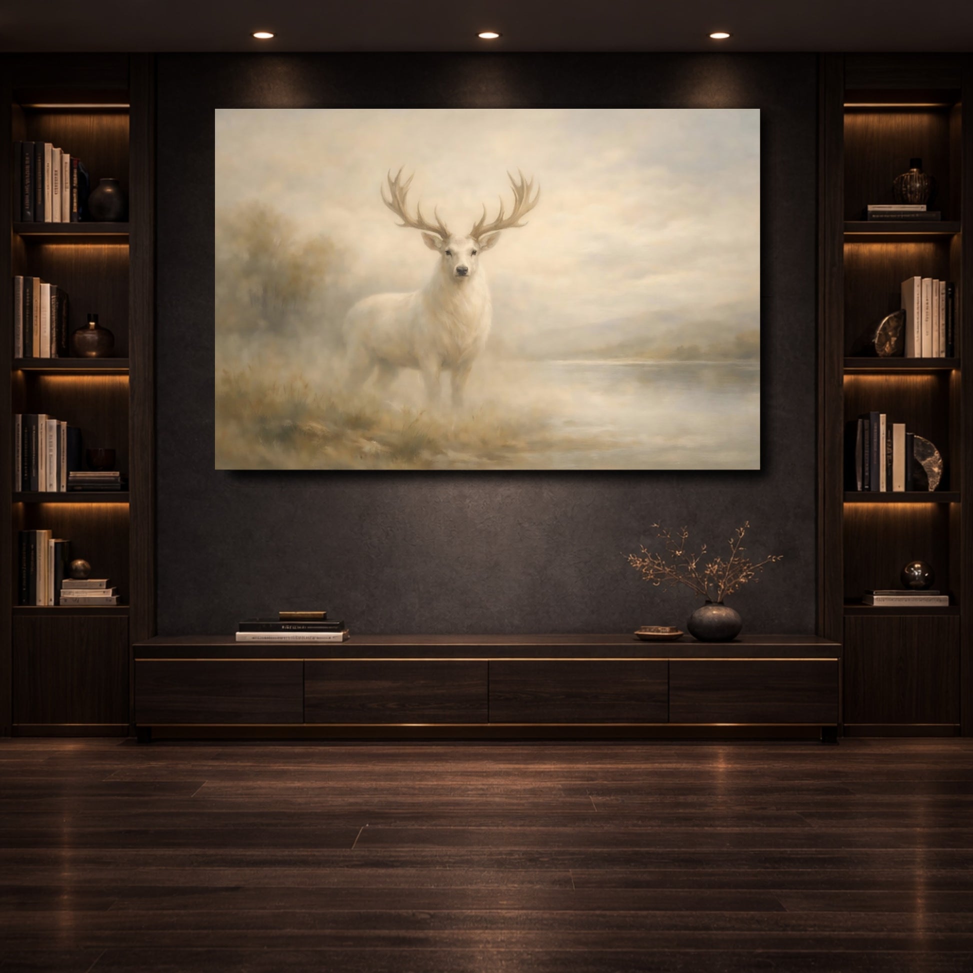 Mockup 3. Animals White Deer White Deer Painting shown as stretched canvas wall art