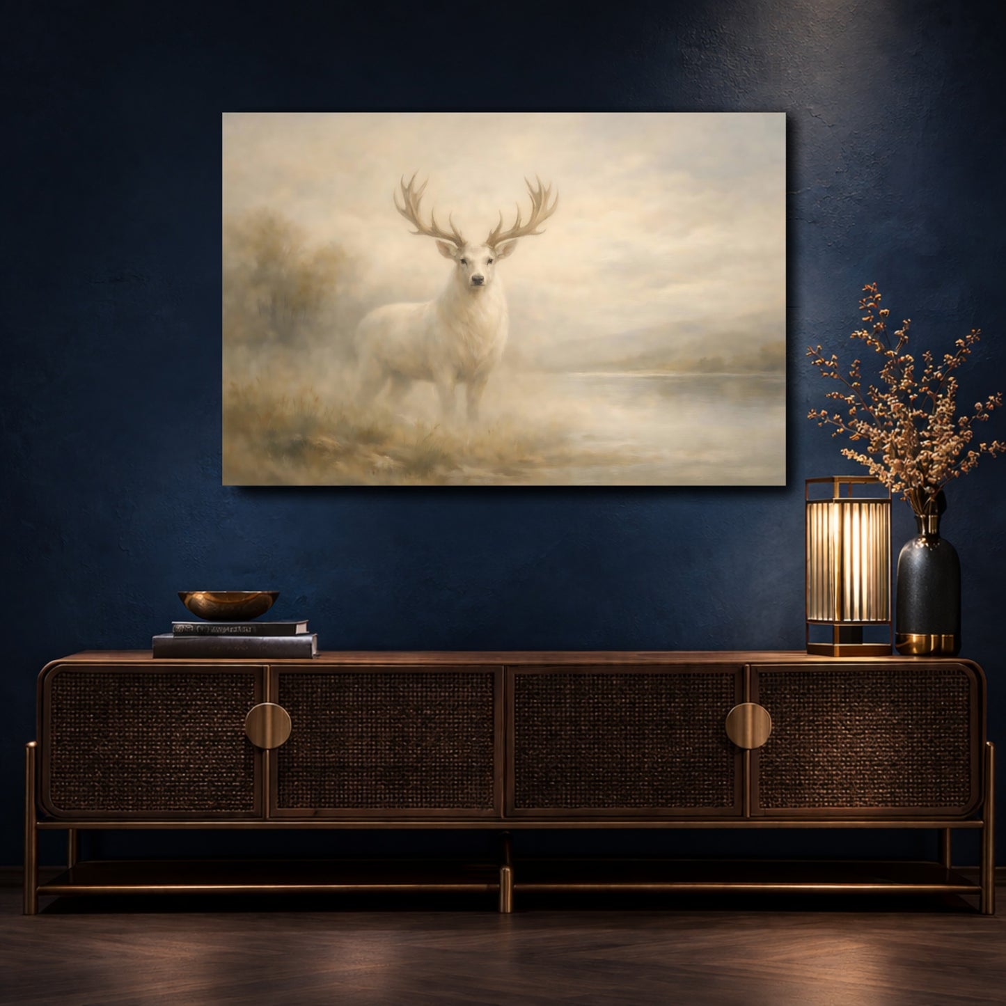 Mockup 4. Animals White Deer White Deer Painting shown as stretched canvas wall art