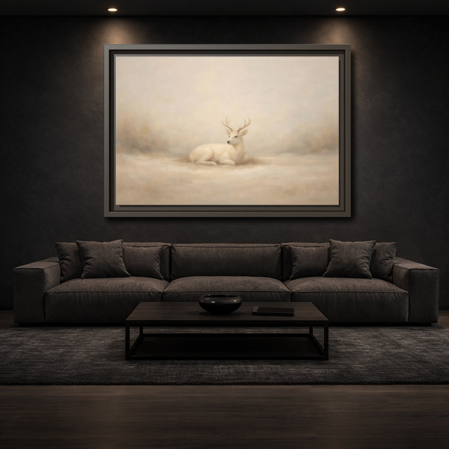 Mockup 2. Animals White Deer White Deer shown as stretched canvas wall art