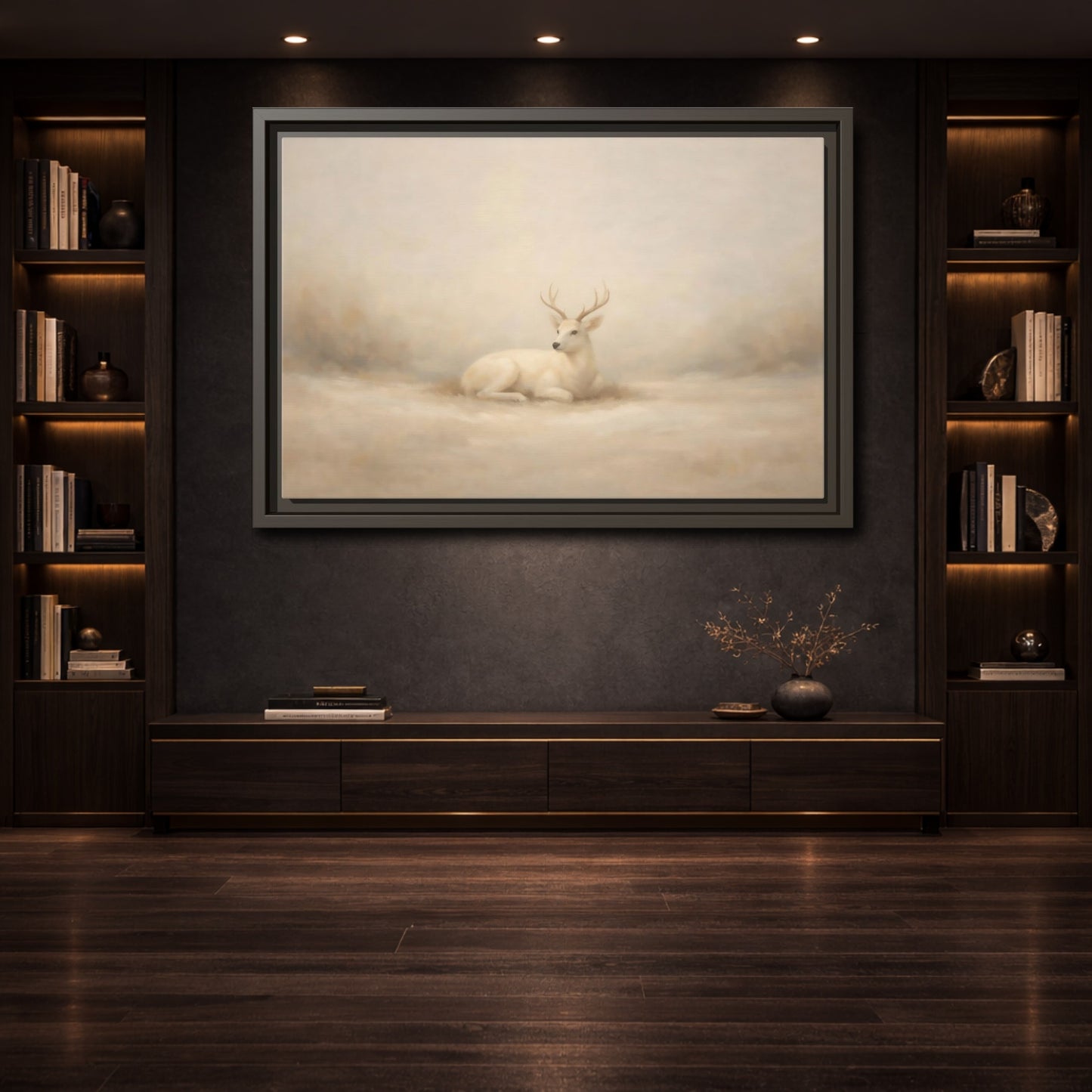 Mockup 3. Animals White Deer White Deer shown as stretched canvas wall art
