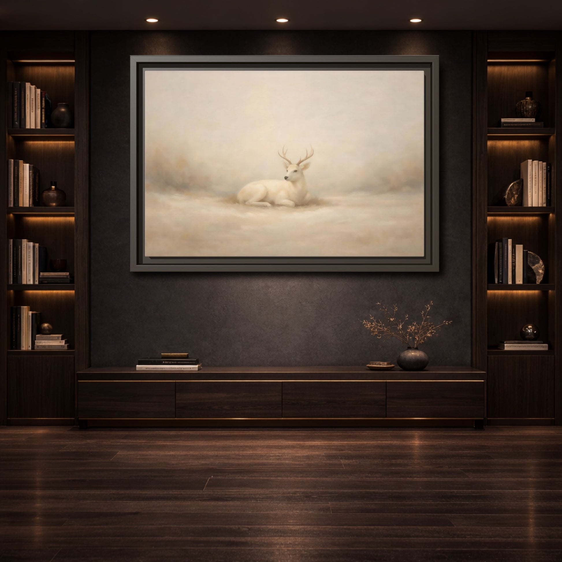Mockup 3. Animals White Deer White Deer shown as stretched canvas wall art