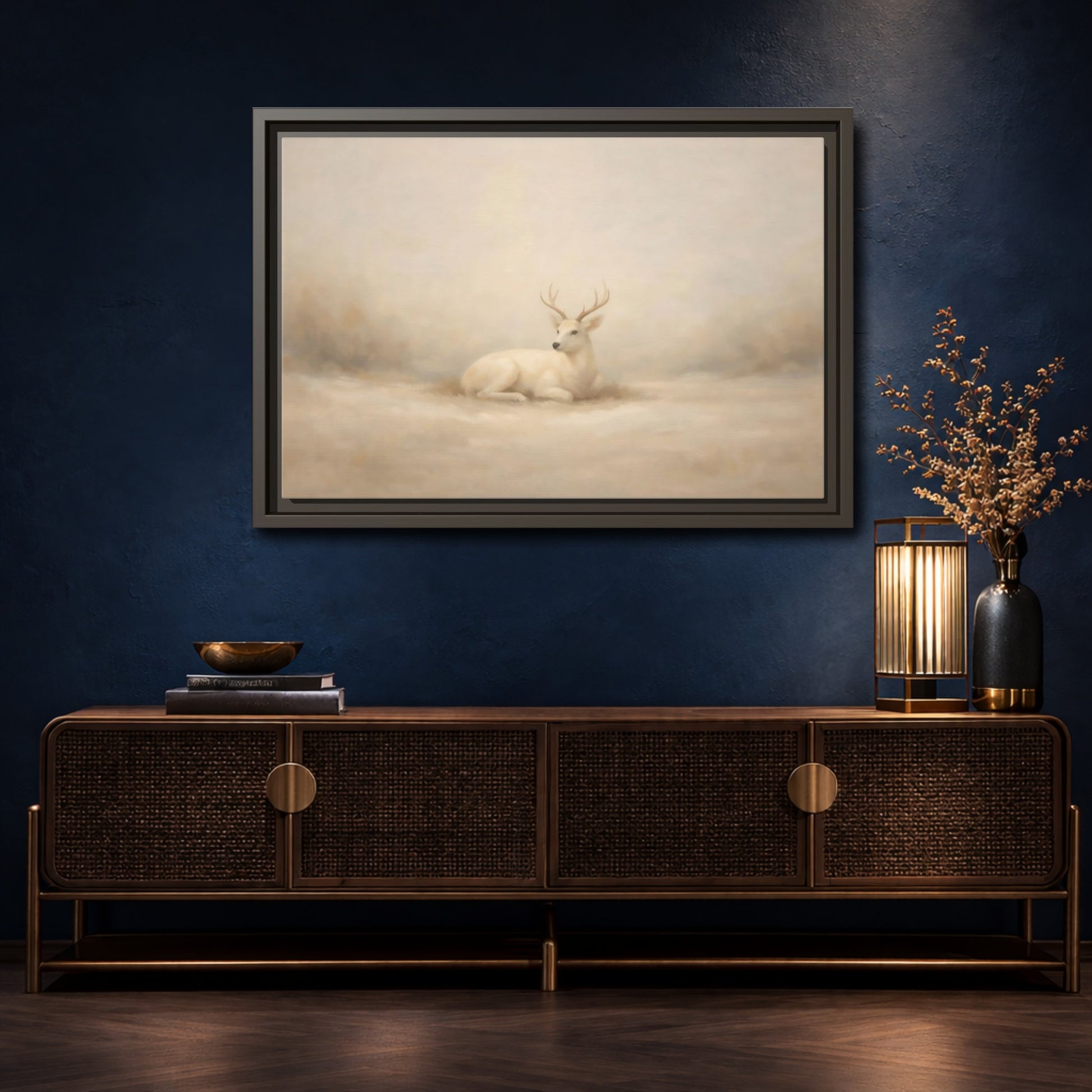 Mockup 4. Animals White Deer White Deer shown as stretched canvas wall art