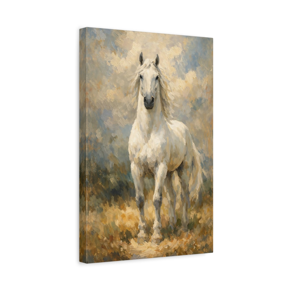 Side Mockup 4. Animals White Horse White And Brown shown as stretched canvas wall art