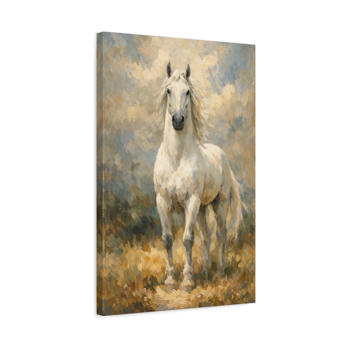 Side Mockup 3. Animals White Horse White And Brown shown as stretched canvas wall art