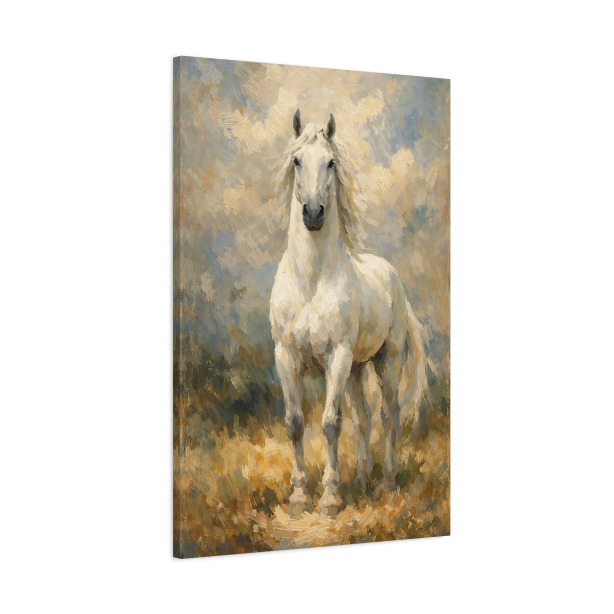 Side Mockup 1. Animals White Horse White And Brown shown as stretched canvas wall art