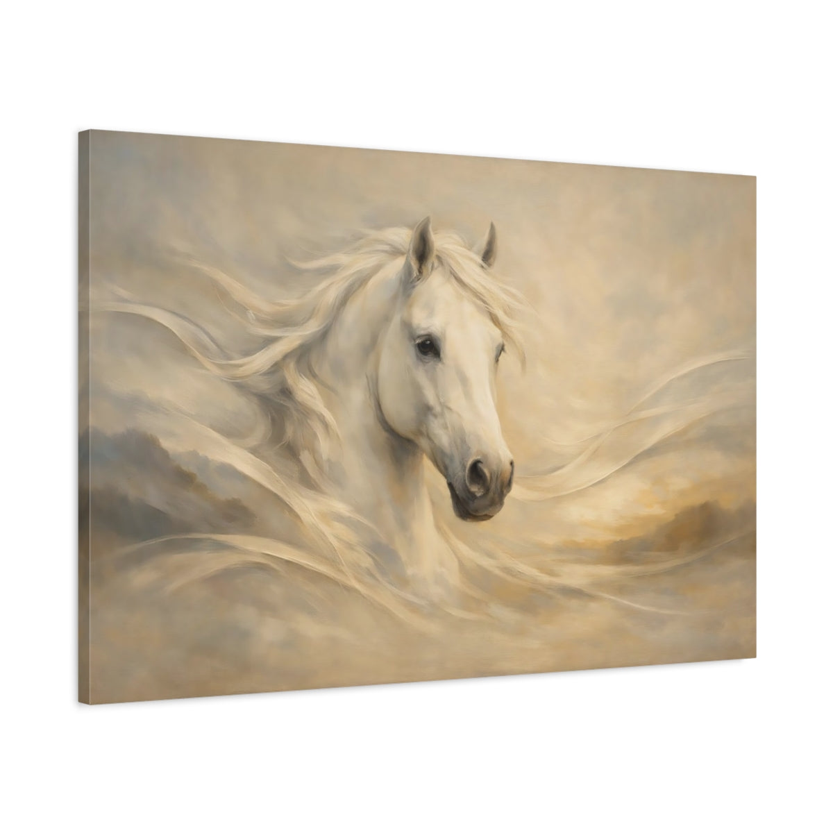 Side Mockup 1. Animals White Horse White Horse Art shown as stretched canvas wall art