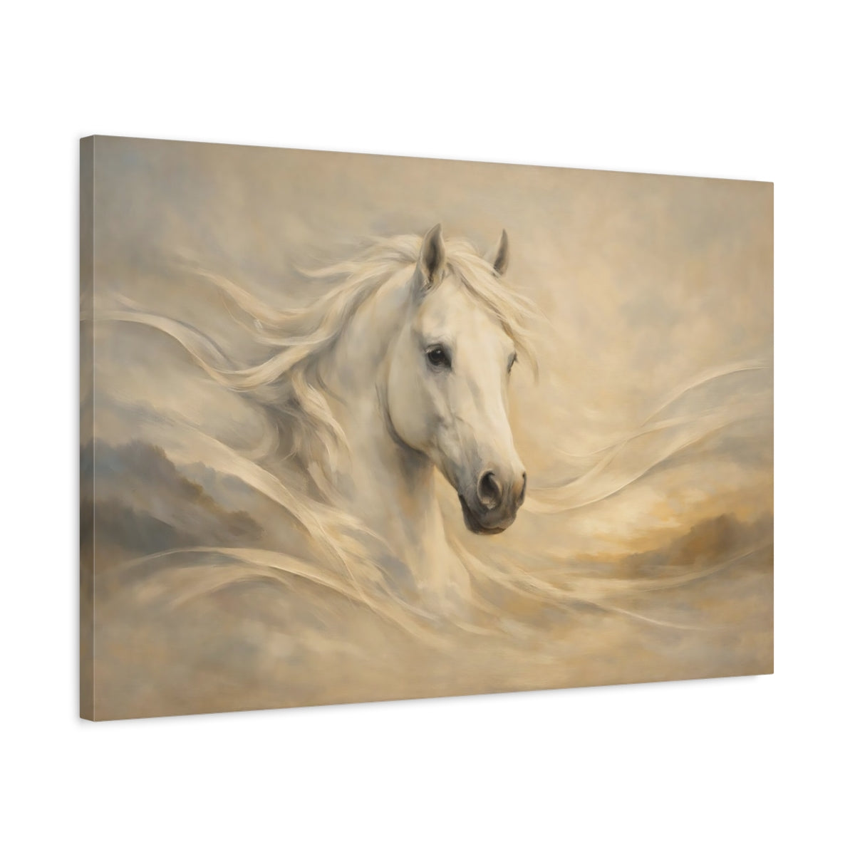 Side Mockup 2. Animals White Horse White Horse Art shown as stretched canvas wall art