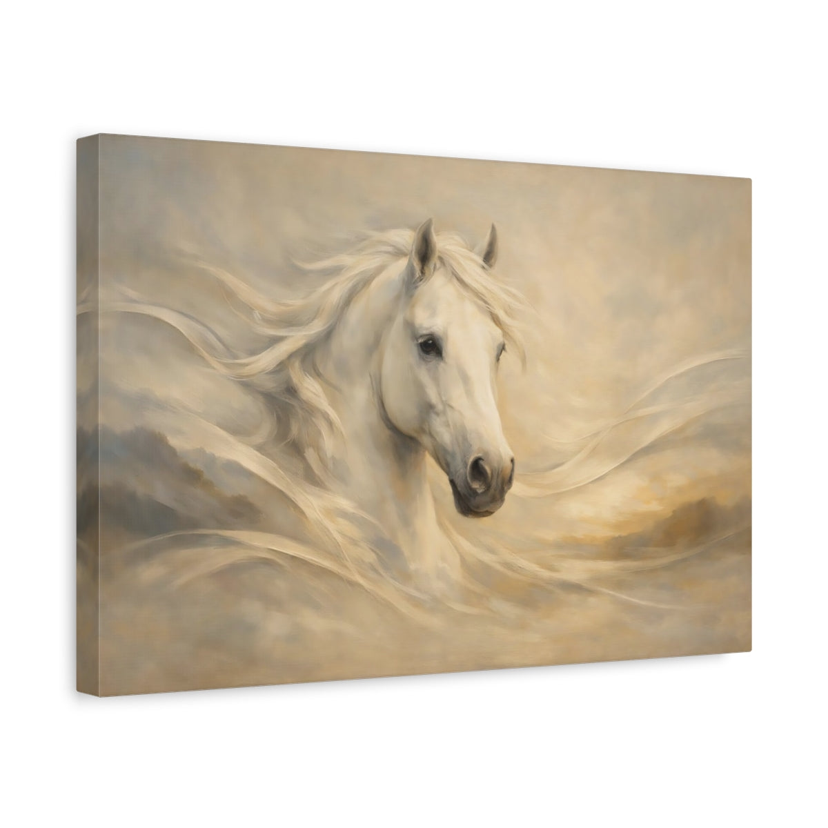 Side Mockup 4. Animals White Horse White Horse Art shown as stretched canvas wall art