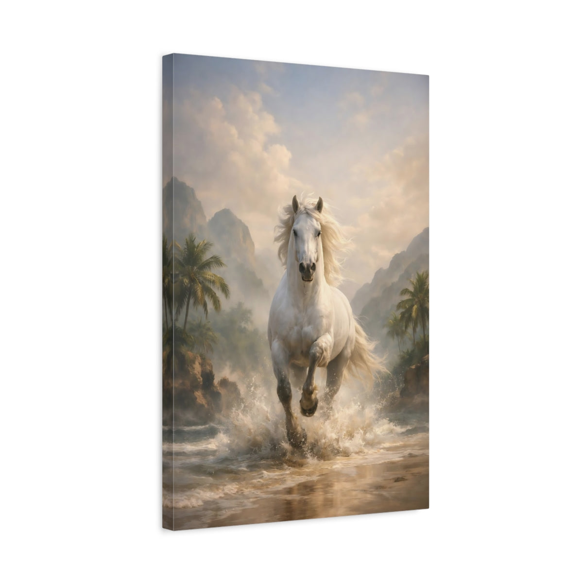 Side Mockup 3. Animals White Horse White Horse shown as stretched canvas wall art