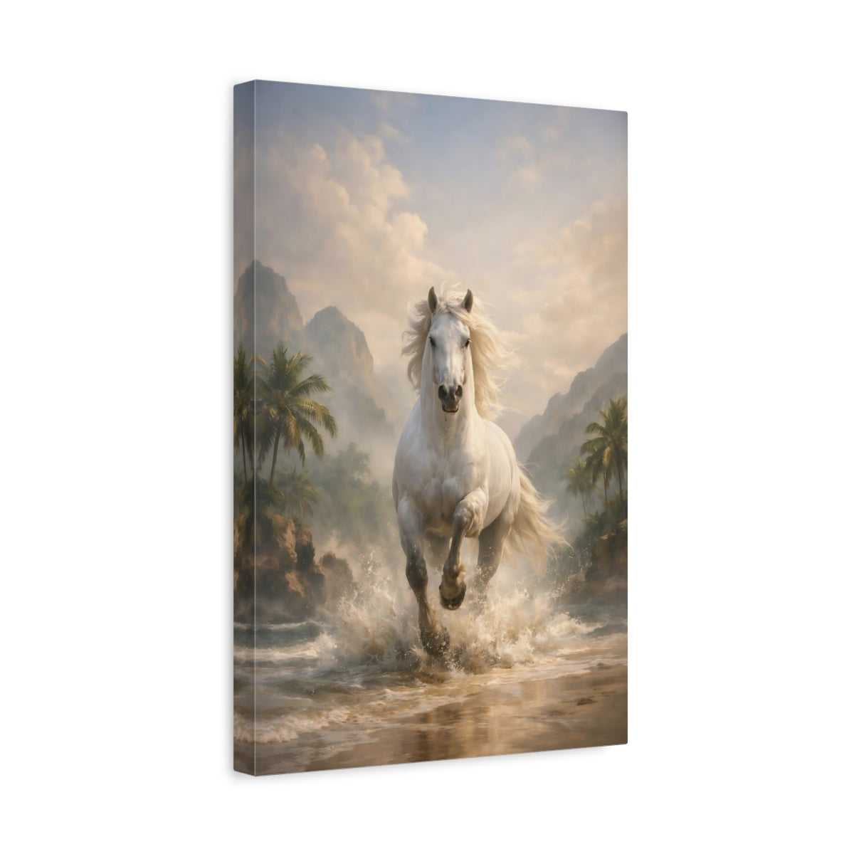 Side Mockup 4. Animals White Horse White Horse shown as stretched canvas wall art