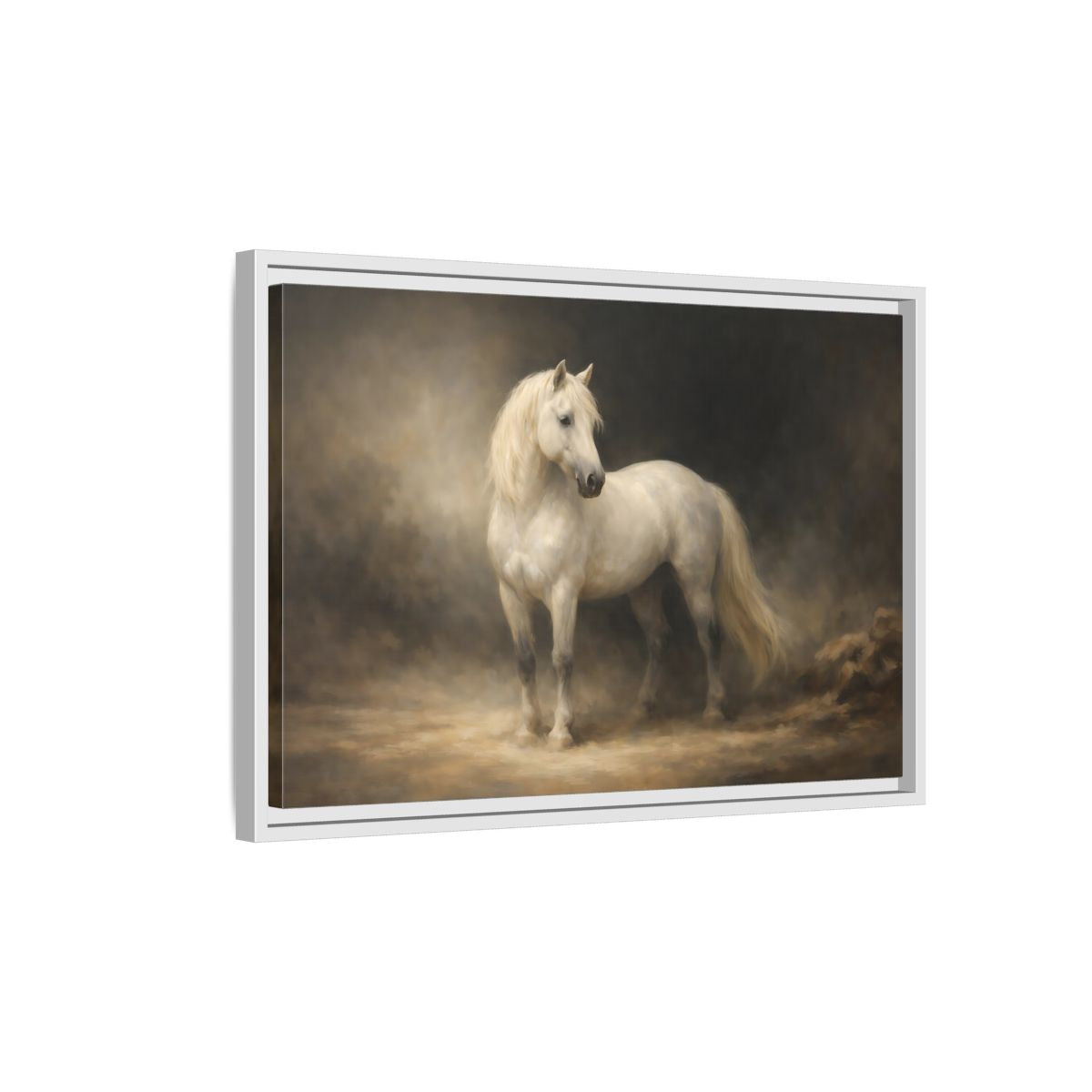 Side Mockup 1. Animals White Horse White Horse shown as stretched canvas wall art
