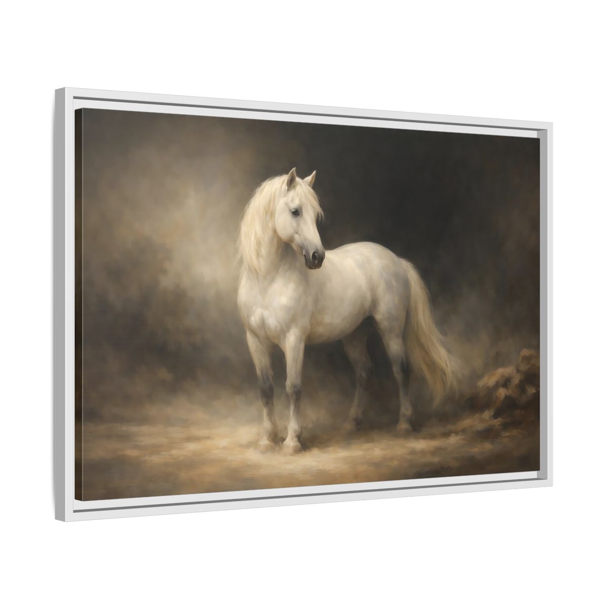 Side Mockup 10. Animals White Horse White Horse shown as stretched canvas wall art