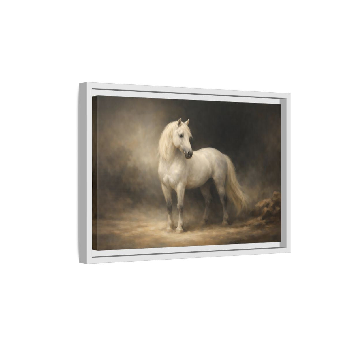 Side Mockup 4. Animals White Horse White Horse shown as stretched canvas wall art