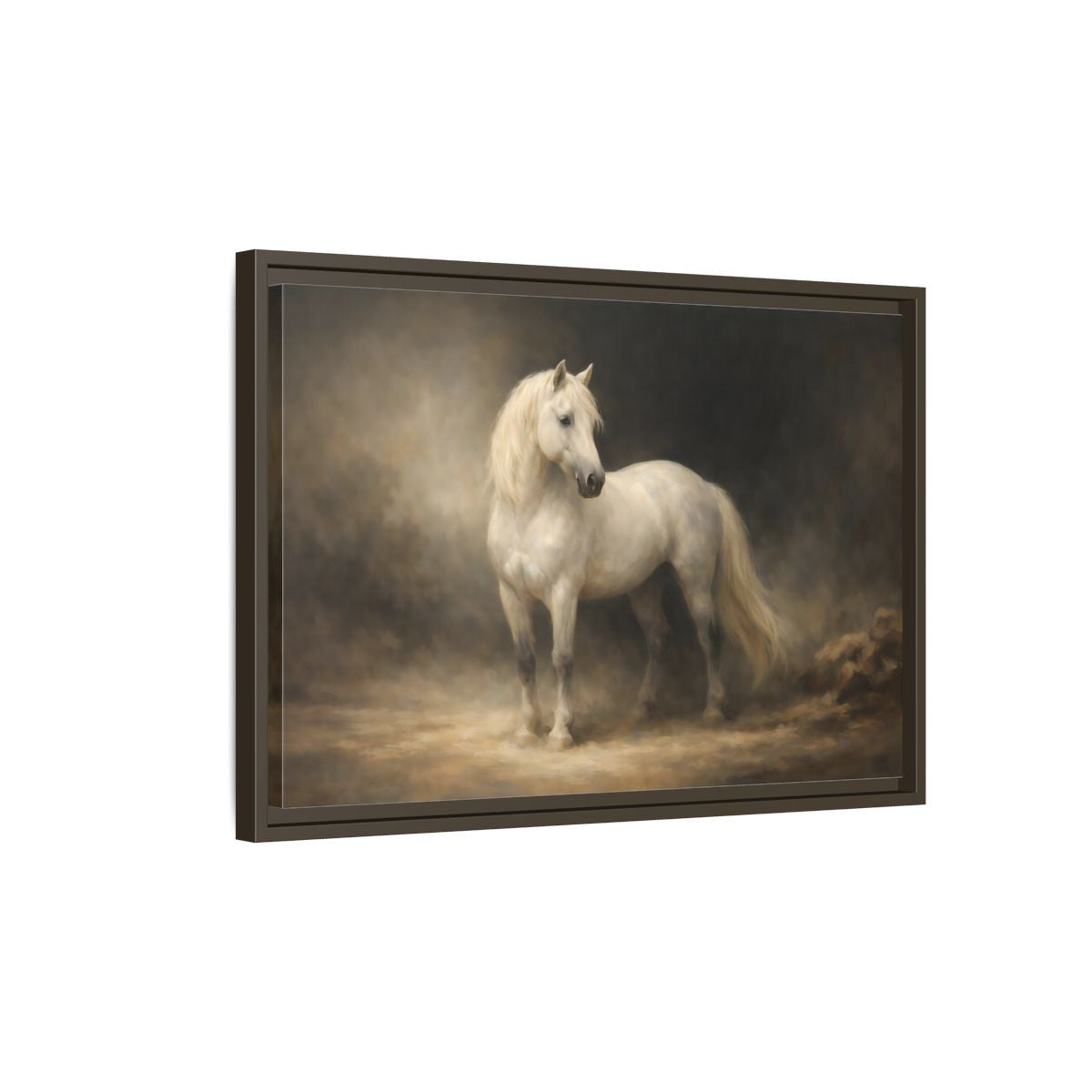 Side Mockup 2. Animals White Horse White Horse shown as stretched canvas wall art